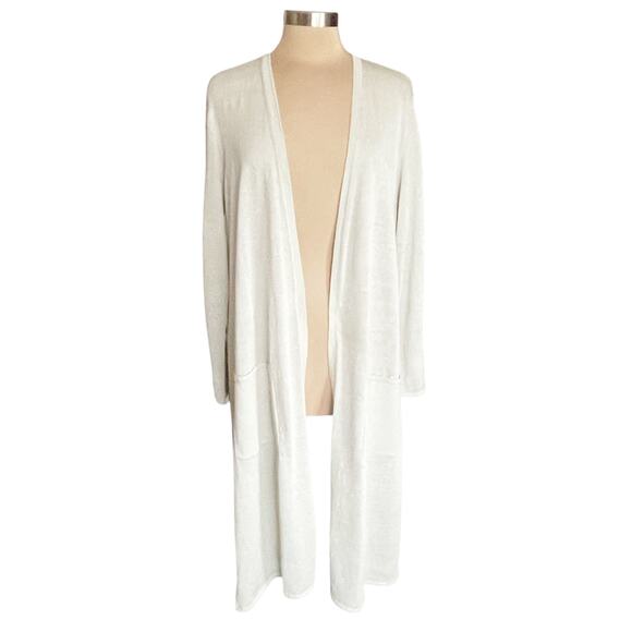 Eileen Fisher Organic Linen Blend Longline Open Front Cardigan Cream Metallic LG - Picture 1 of 7
